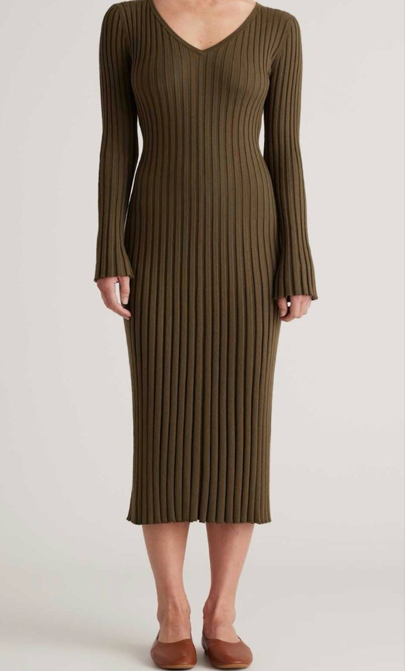 Quince Cotton Cashmere Ribbed Midi Dress Olive L Minimalist Autumn Quiet Luxury